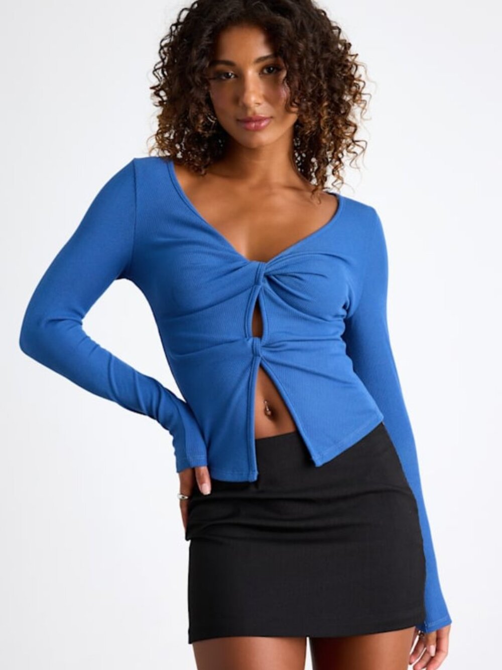 Lulus Lumirah Blue Ribbed Knot-front Cutout Long Sleeve Top - Size L